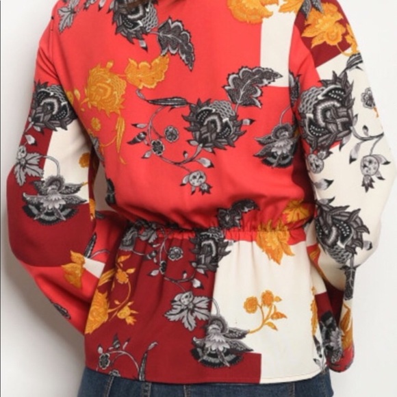 Burgundy Coral Multicolor Bell Sleeve Tie Top - Picture 4 of 8